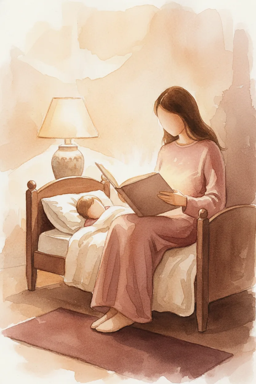 A parent reading a storybook to a child in soft amber lamp light