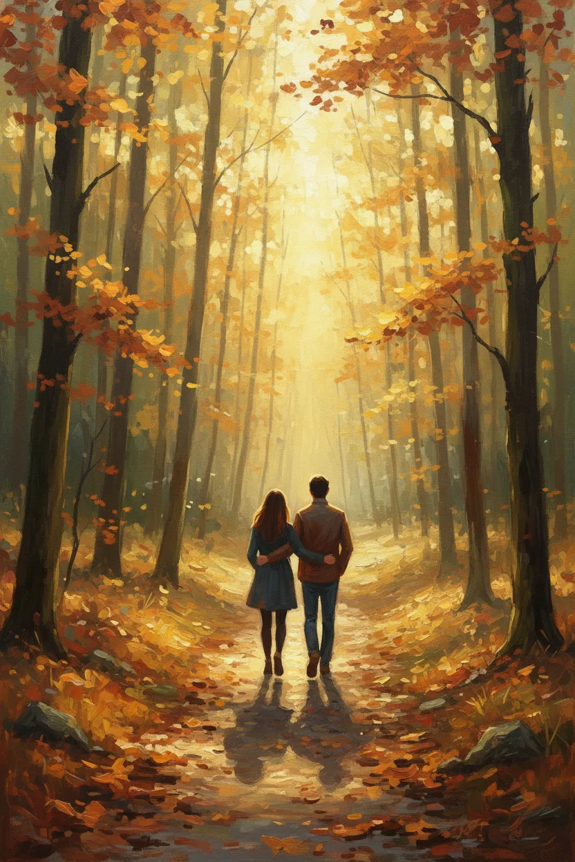 Two figures from behind walking a forest path at golden hour