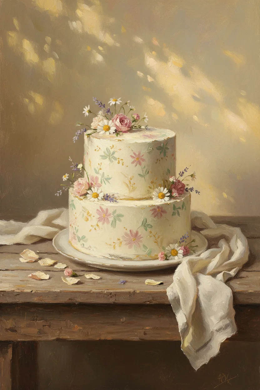 A soft pastel birthday cake with wildflowers at golden hour