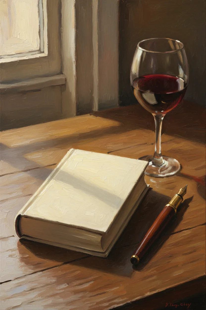 A hardback book with a fountain pen and celebratory wine on a wooden table
