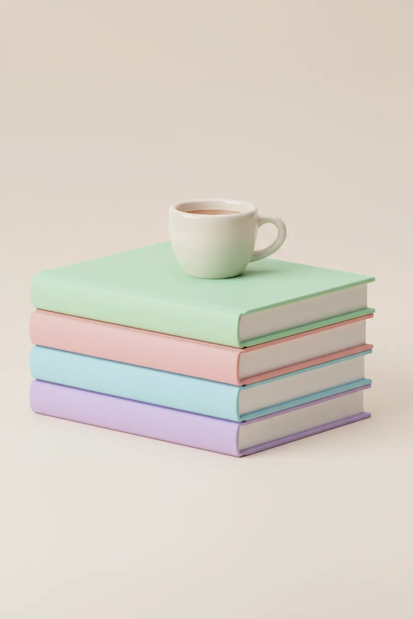 A 3D CGI render of a stack of pastel hardback books with a coffee cup