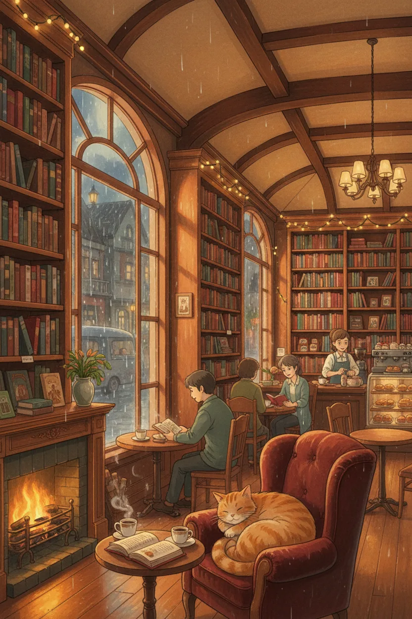 An anime scene of a cozy bookstore-cafe interior at rainy twilight