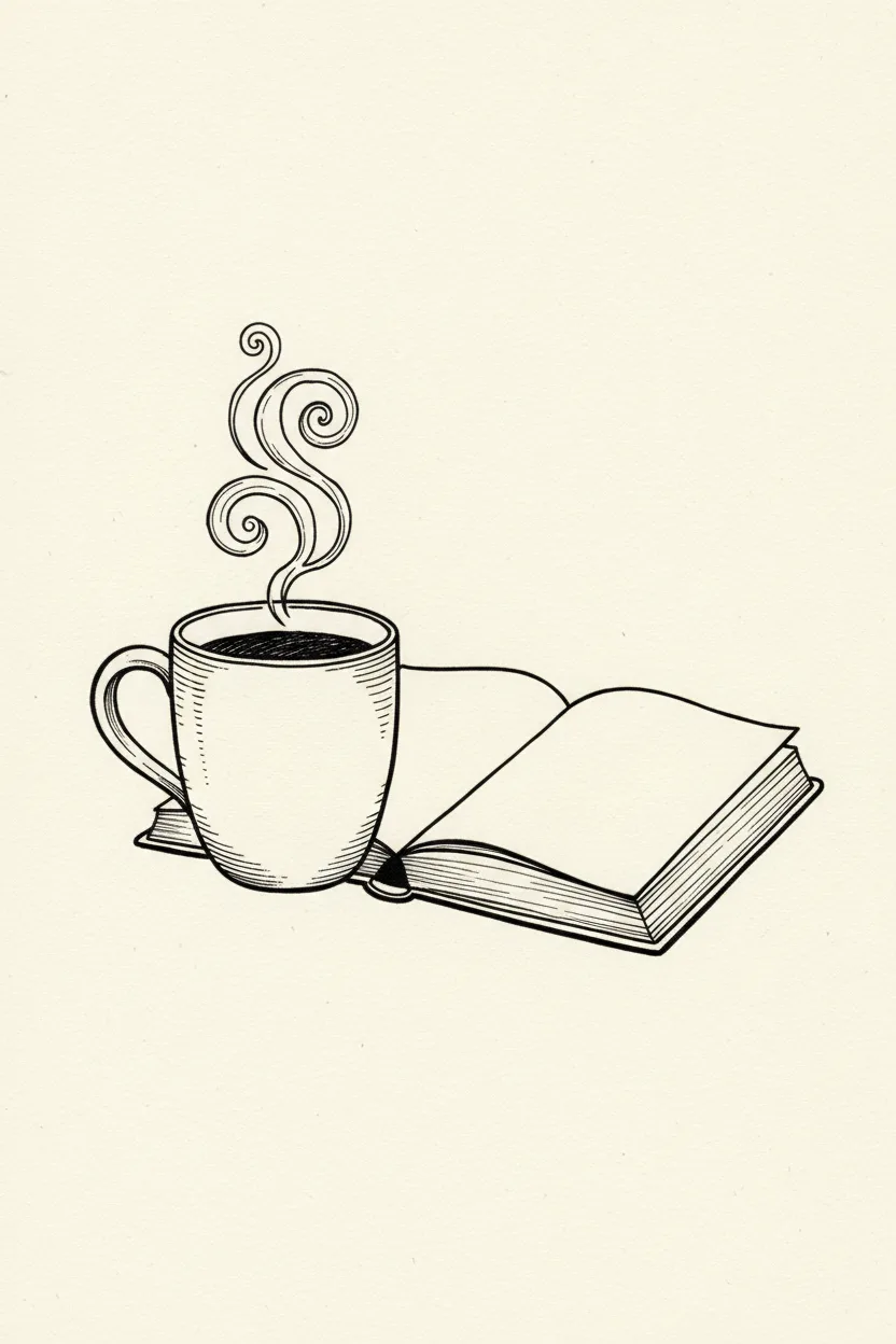A black ink line drawing of a coffee cup with steam and open book