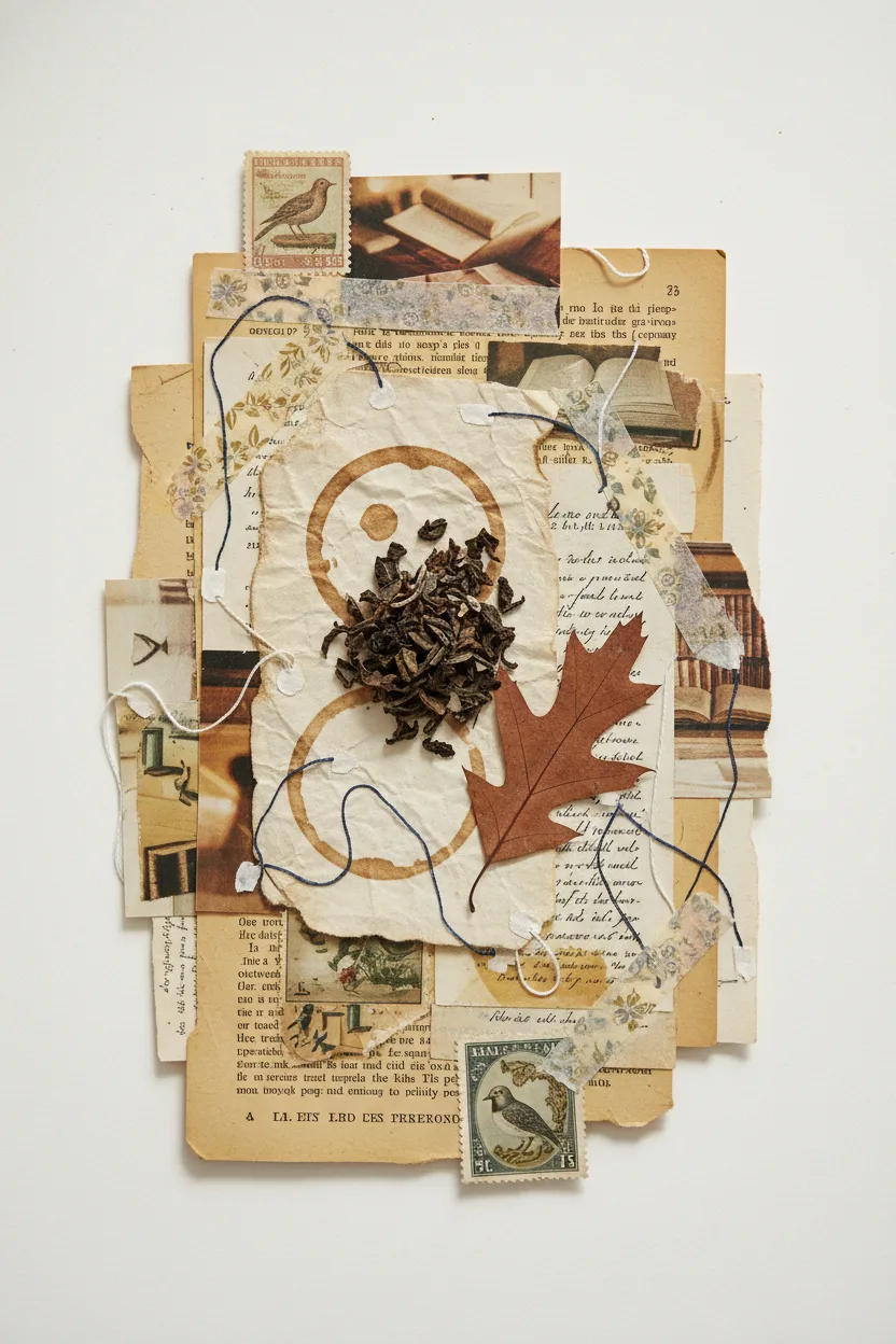 A mixed-media literary collage with book pages, tea leaves, ink