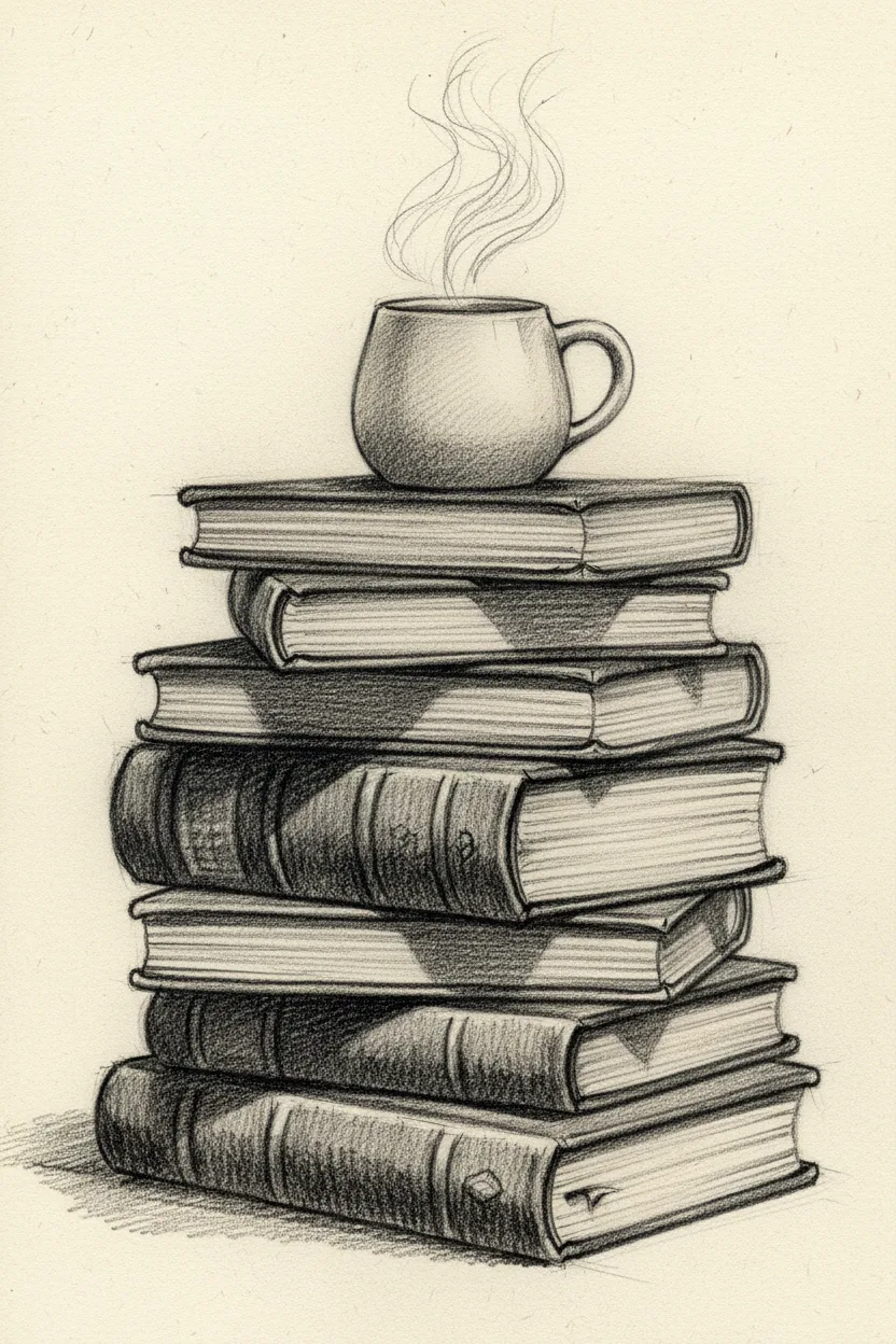A pencil sketch of vintage hardback books with a steaming mug