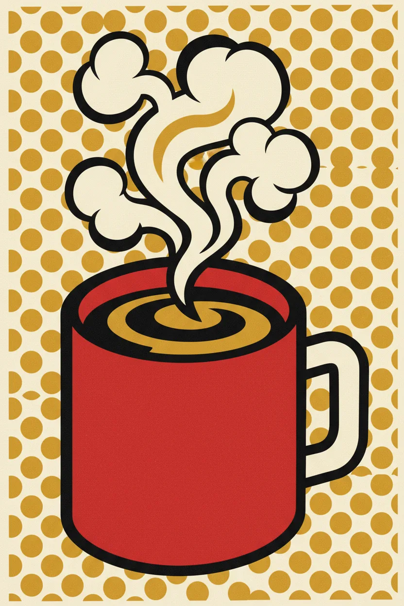 A pop-art screenprint of a steaming coffee mug