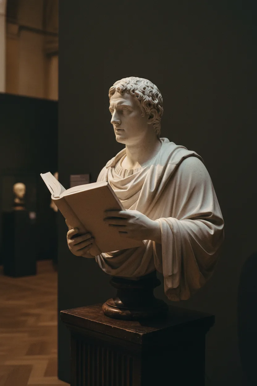 A marble bust of a classical reader holding an open book