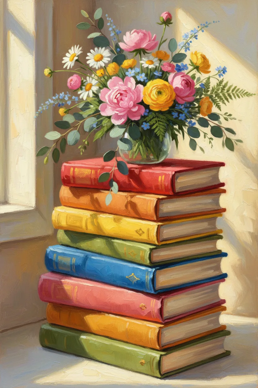 A stack of cloth-bound books topped with a bouquet of wildflowers