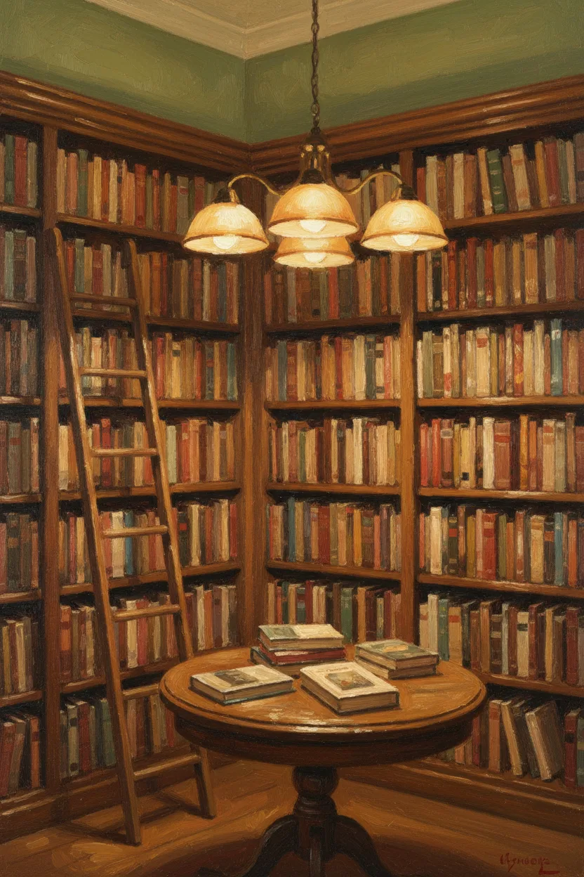 A cozy independent bookstore corner with amber pendant lighting