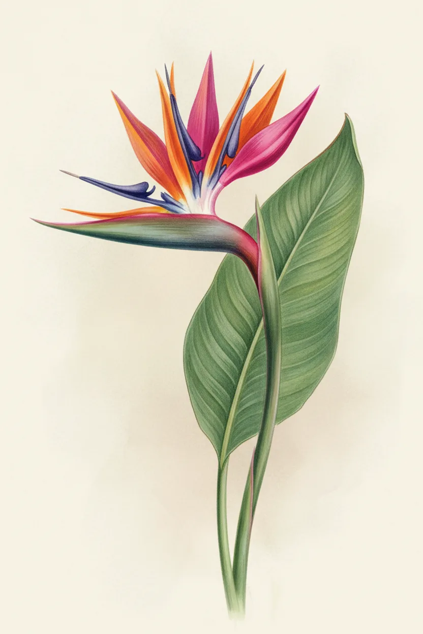 A vibrant botanical illustration of birds-of-paradise flowers