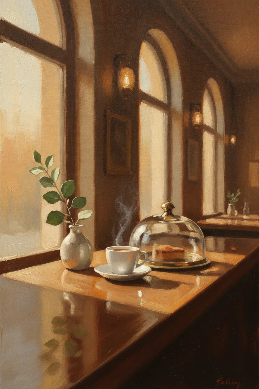 A quiet cafe at dawn with a steaming espresso
