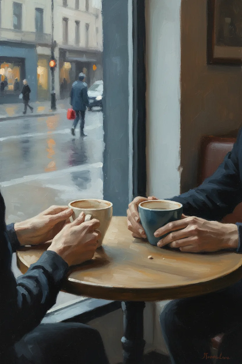Two hands meeting across a cafe table with coffee