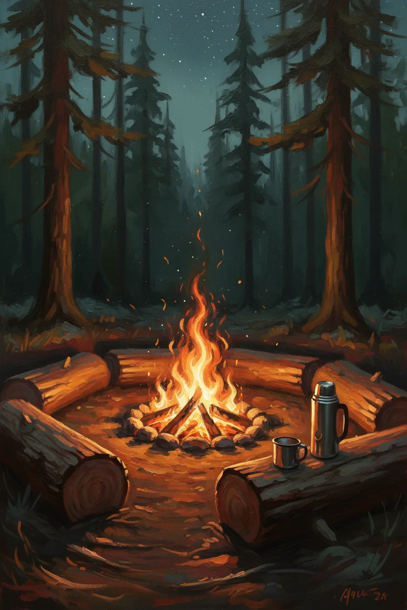 A glowing campfire in a forest clearing at night with logs around it