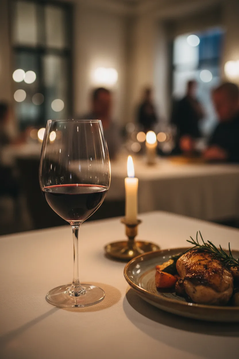 A candlelit dining table set for two with wine