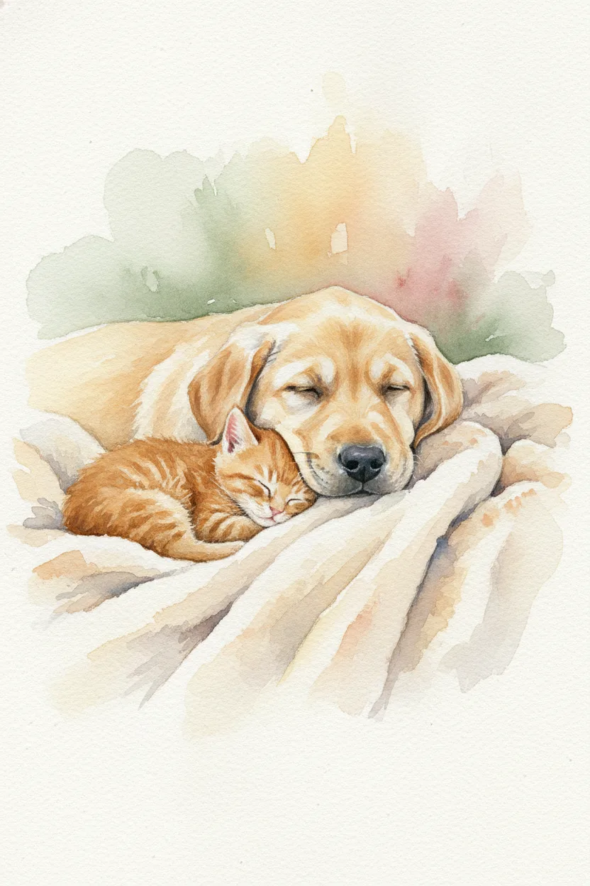 A kitten and a puppy sleeping together on a blanket