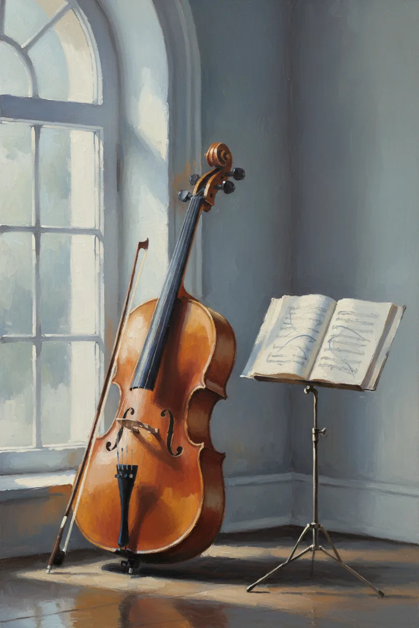 A wooden cello against a tall window in cool morning light