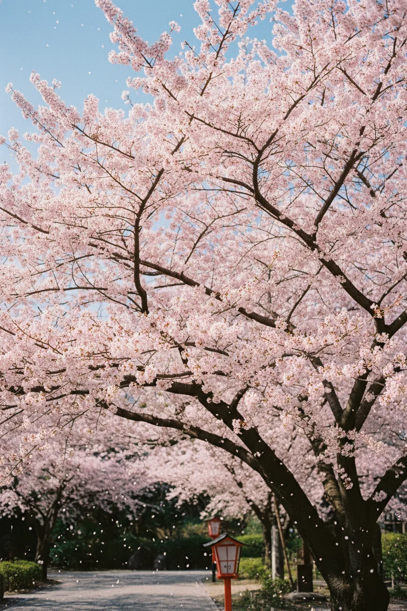 A real photograph of a cherry blossom tree in full bloom with petals falling