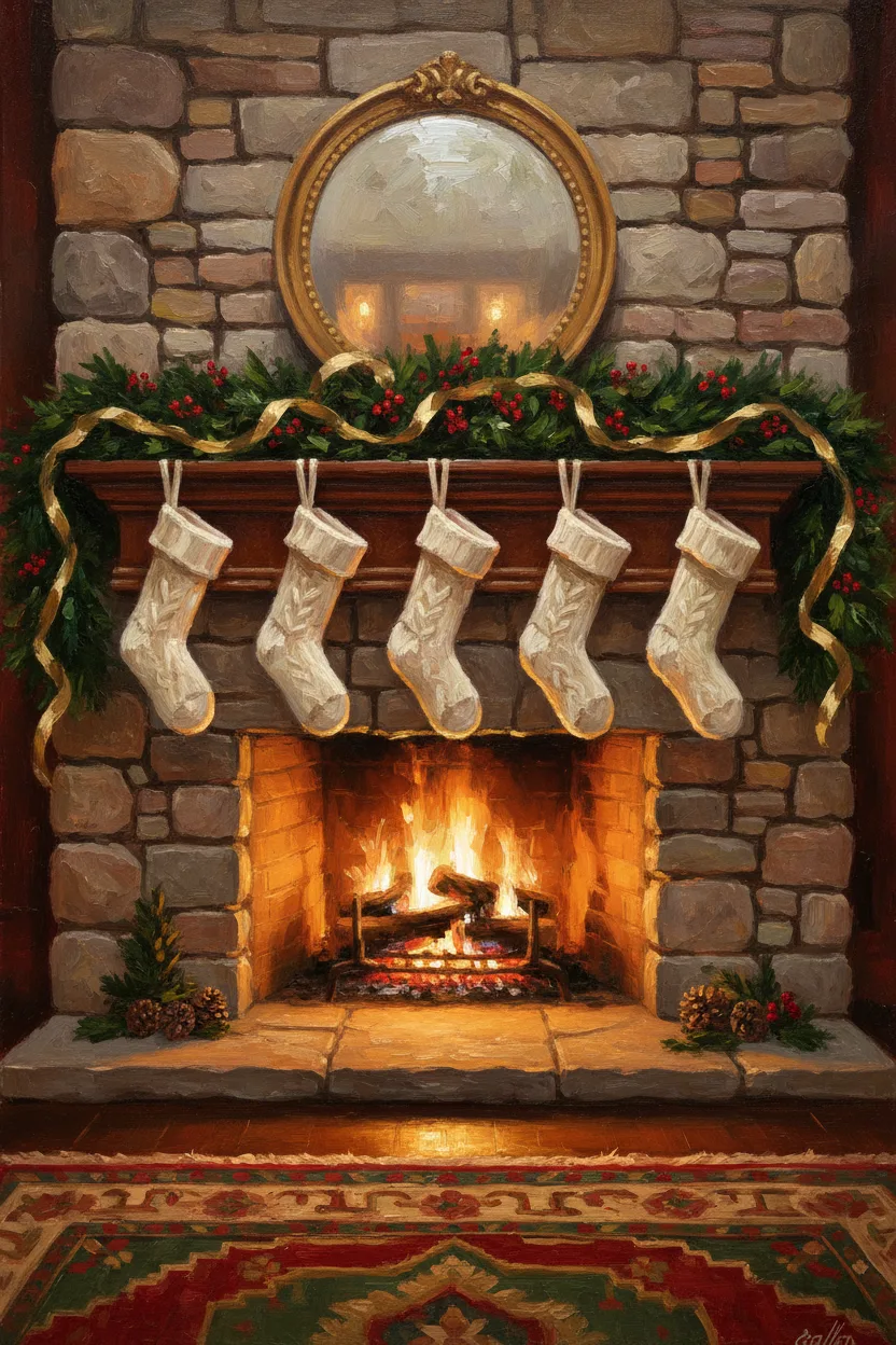 A decorated Christmas hearth with stockings and garland