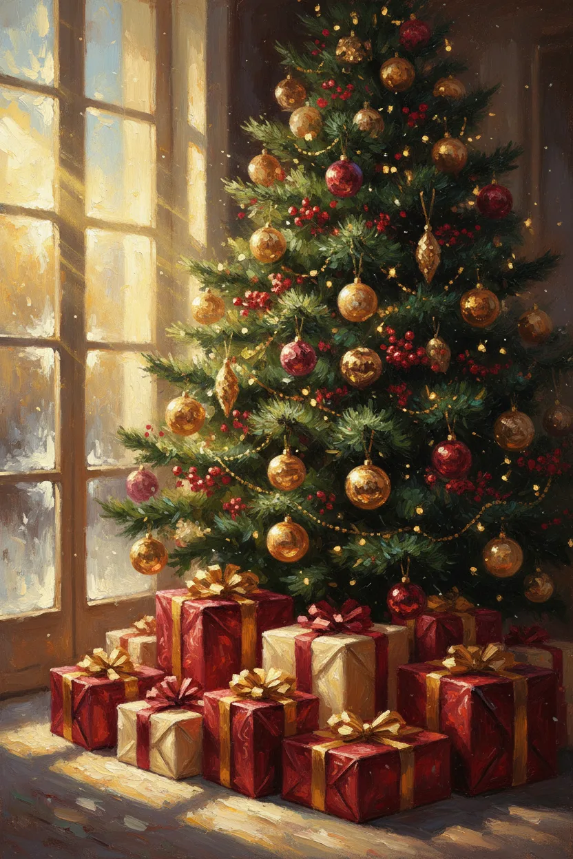 A decorated Christmas tree with presents in warm morning light