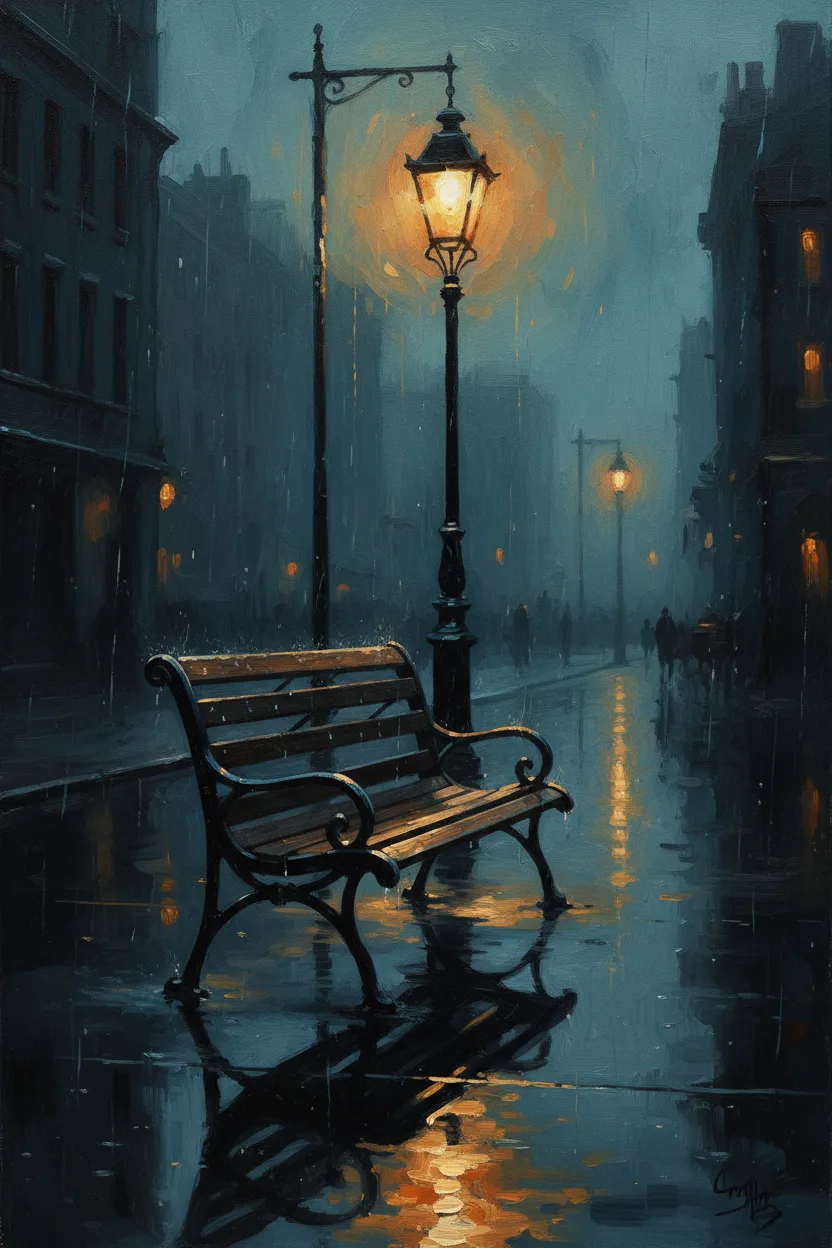 An empty bench on a rainy city street at night with streetlamp