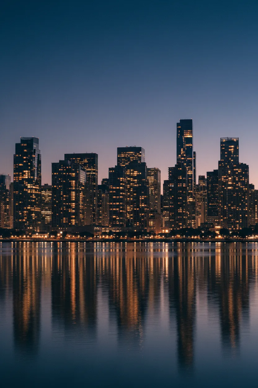 A real photograph of a city skyline at blue hour with reflections in water