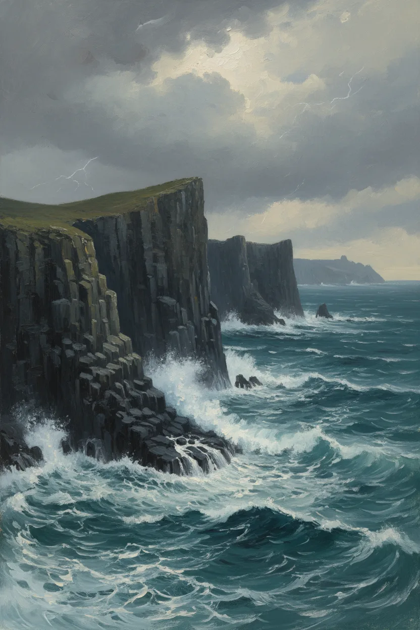 Dramatic basalt sea cliffs with crashing surf and overcast sky