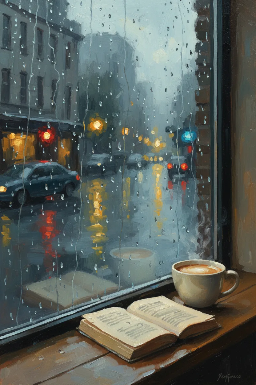 A coffee shop window at rainy twilight with a mug and book on the sill