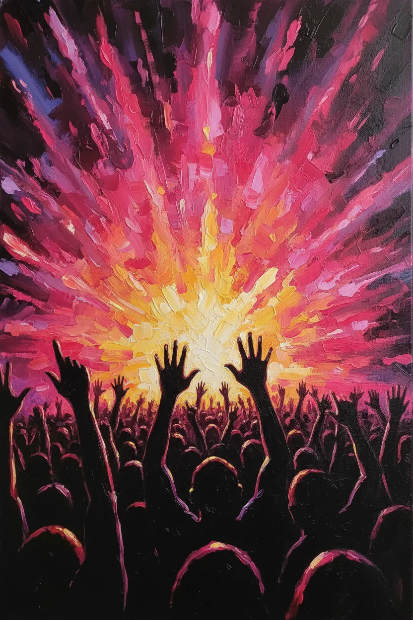 Silhouetted concert hands raised against vibrant stage lights