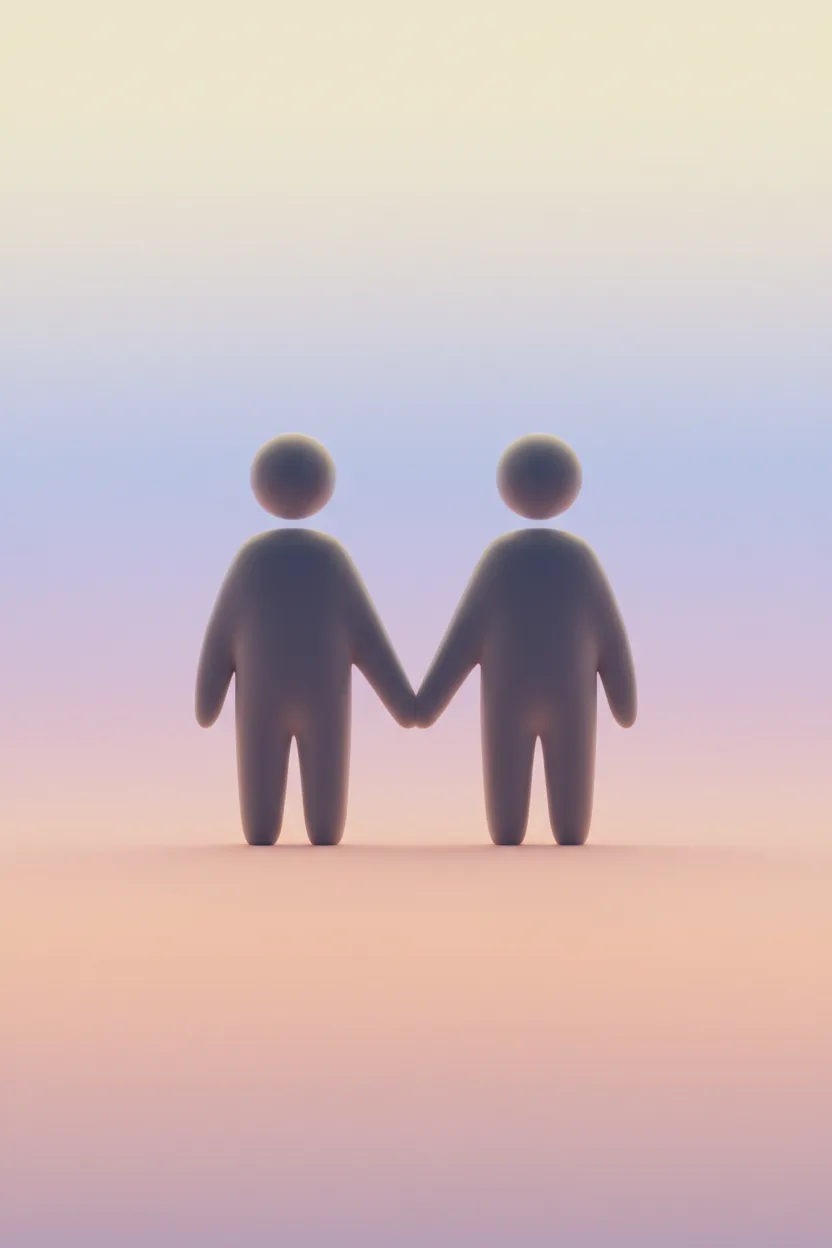 A 3D CGI render of two figures holding hands against a pastel sky