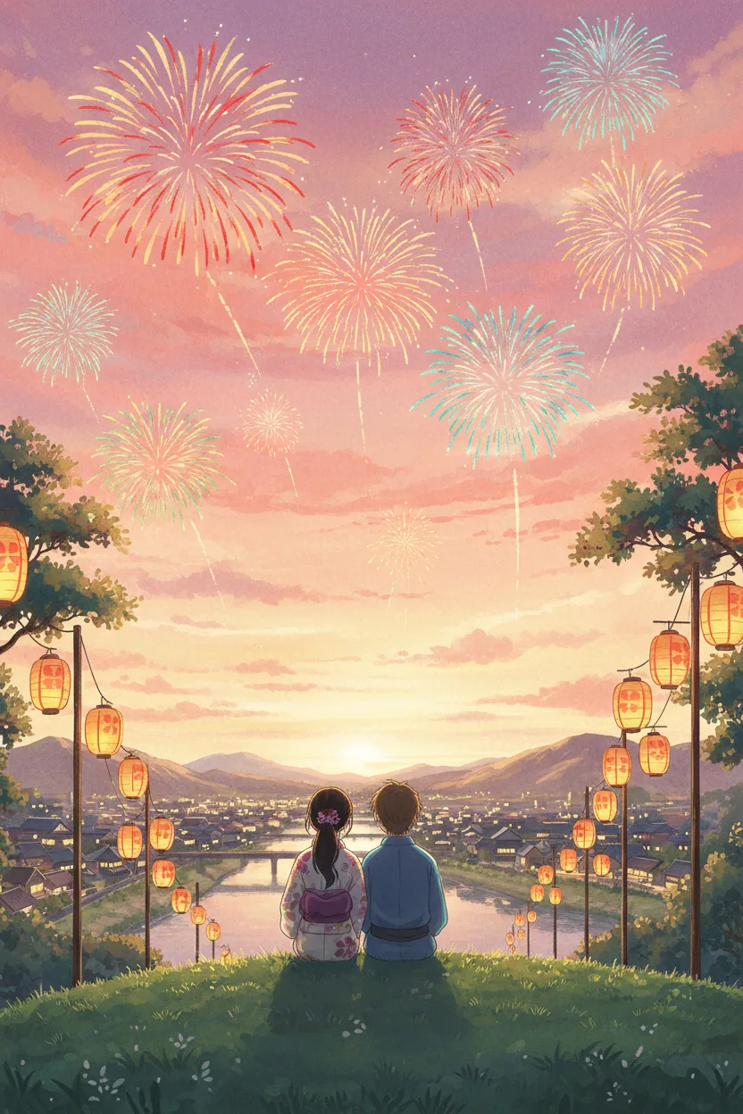 An anime scene of a couple watching fireworks from a hilltop