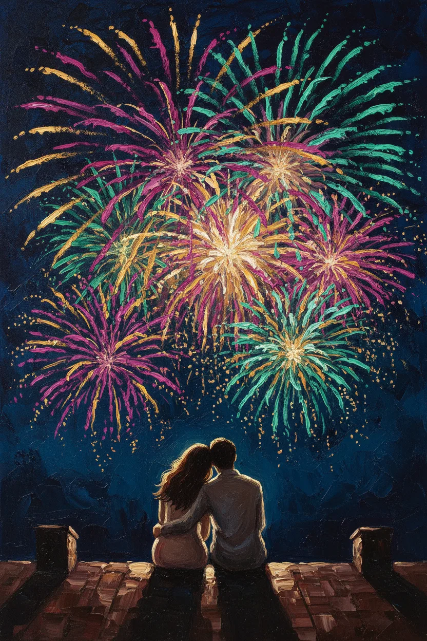 A couple on a rooftop watching fireworks light the sky