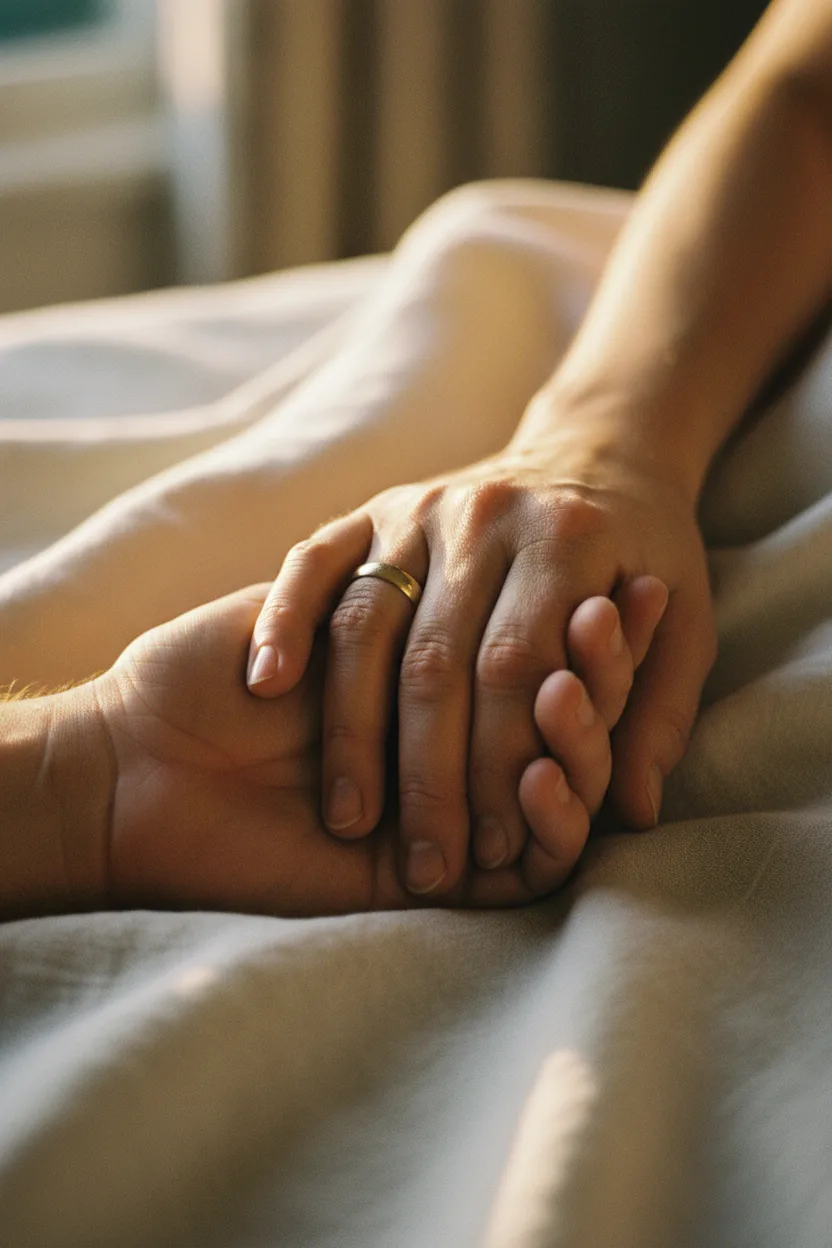 Close-up of intertwined hands on linen at golden hour