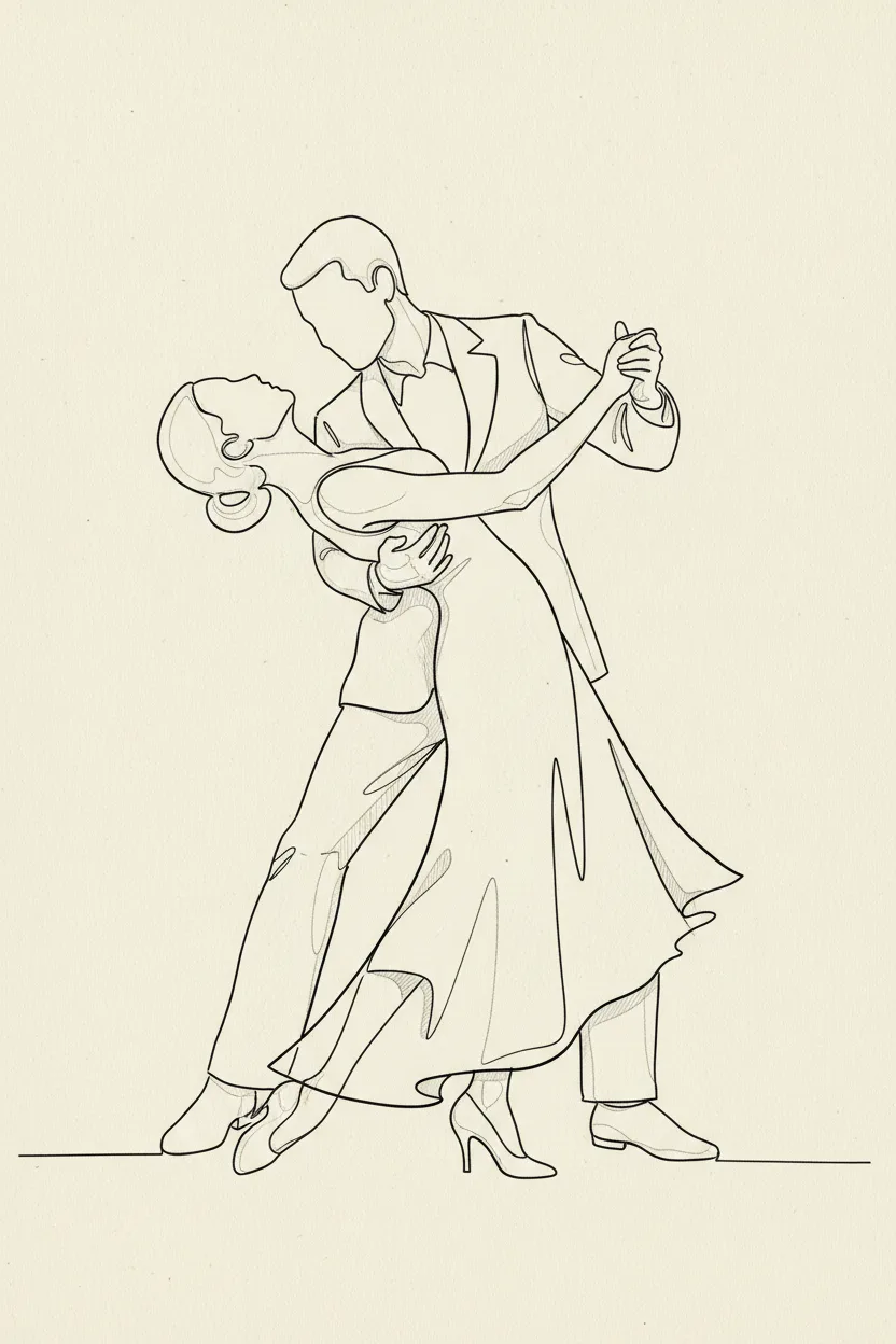 A black ink line drawing of a couple dancing on cream paper