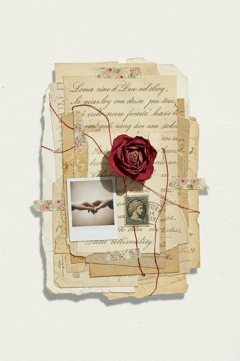A mixed-media love-letter collage with pressed rose and stamp
