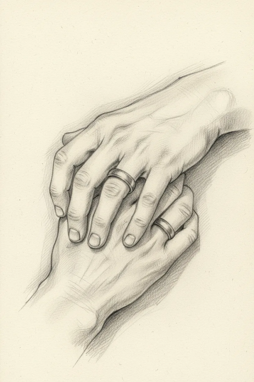 A pencil sketch of two intertwined hands on cream paper