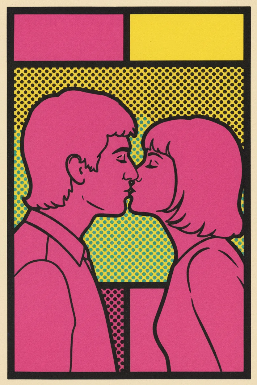 A pop-art screenprint of a couple kissing in profile