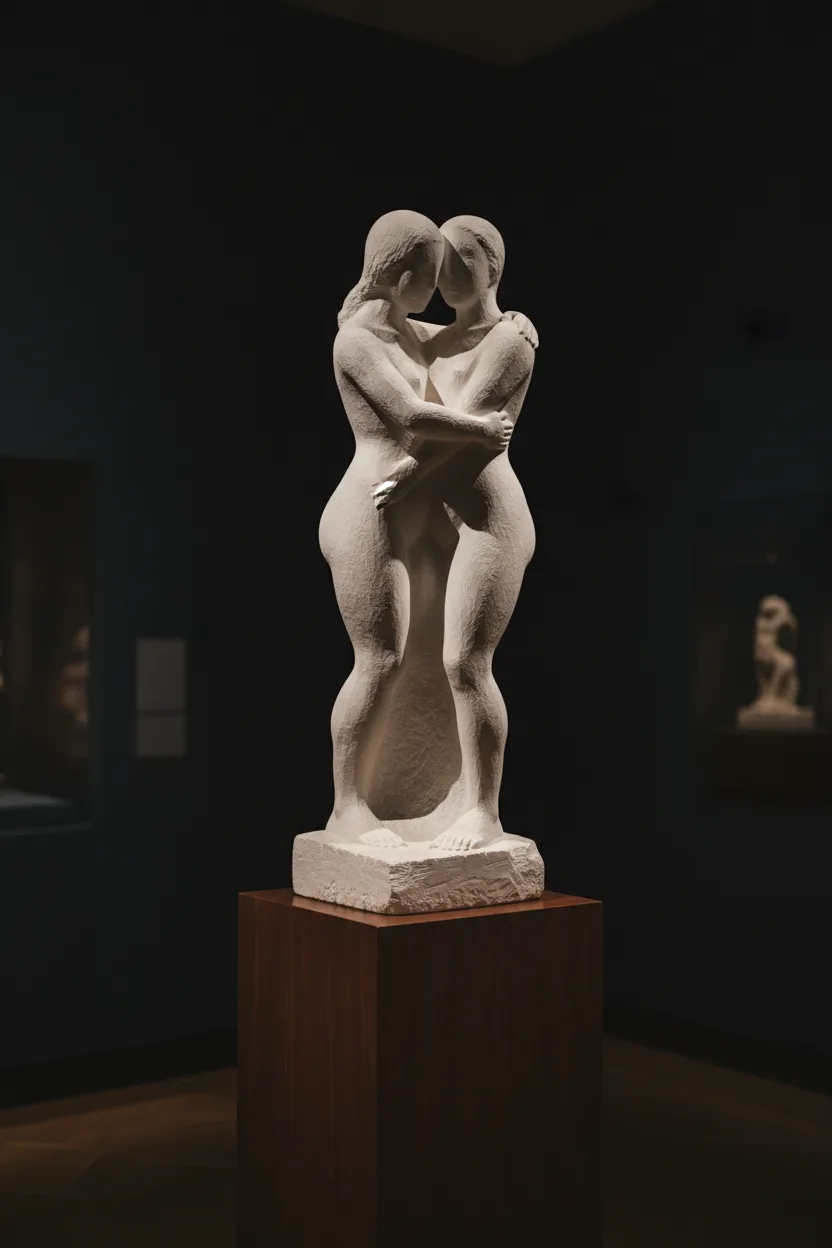 A marble sculpture of two embracing figures on a gallery pedestal