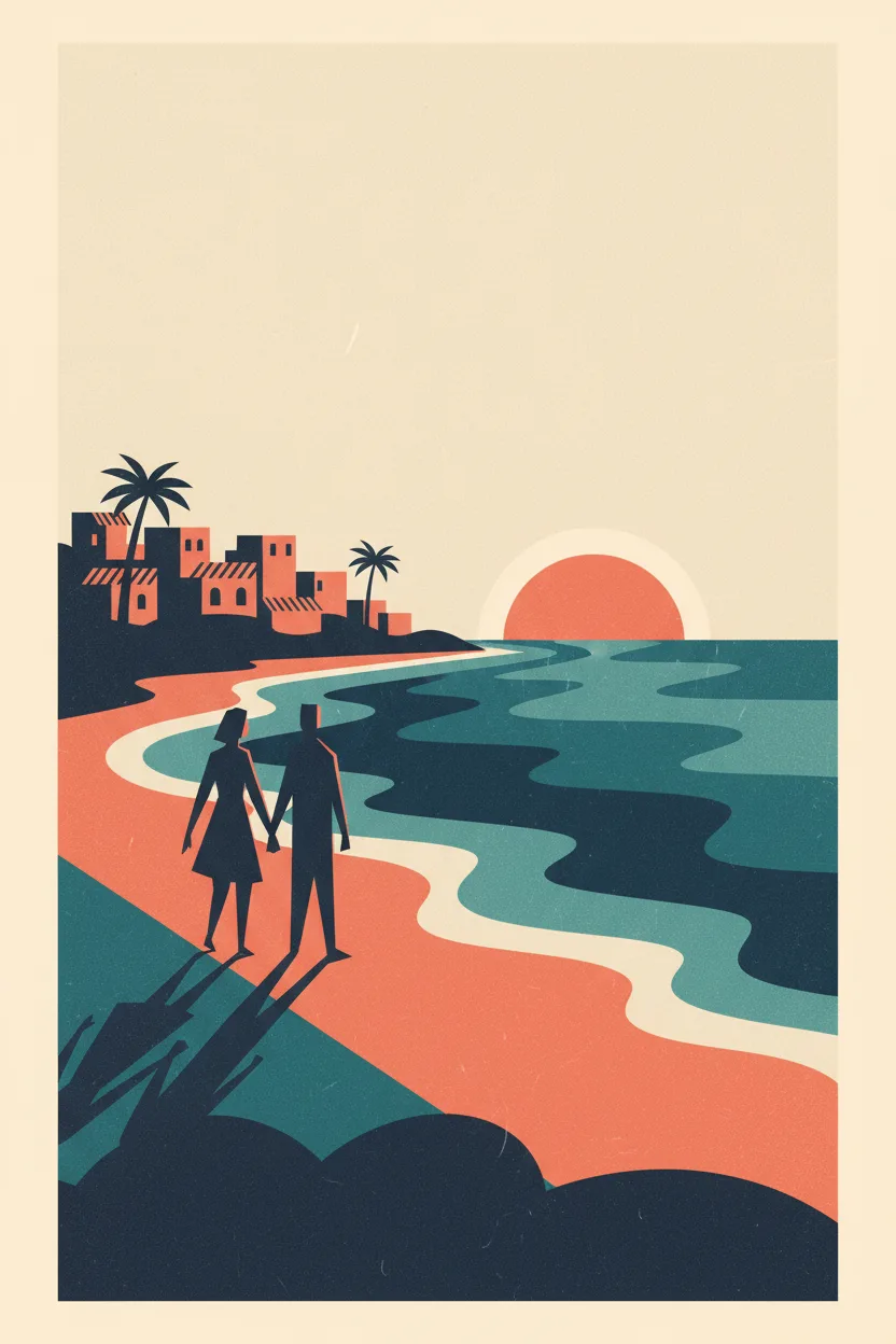 A vintage mid-century travel poster of a couple walking toward the Mediterranean