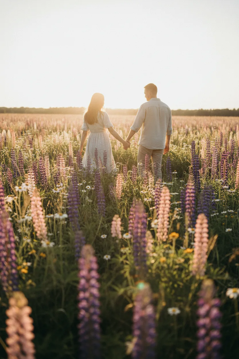 A couple walking through a real wildflower meadow at golden hour