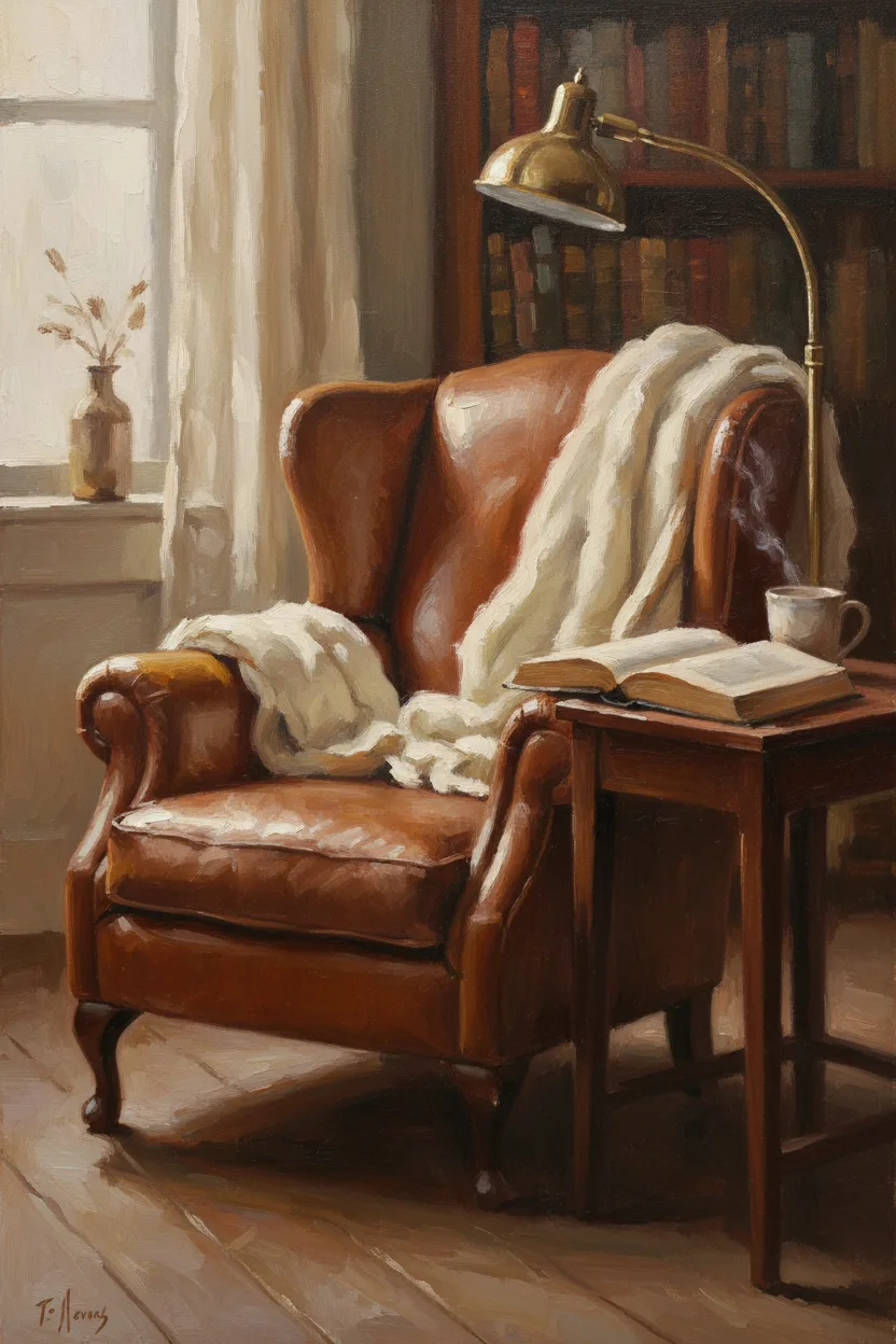 A leather armchair with throw blanket beside a reading lamp