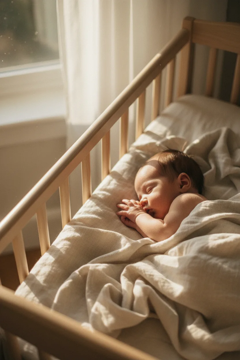 A wooden crib with a sleeping baby in morning sun
