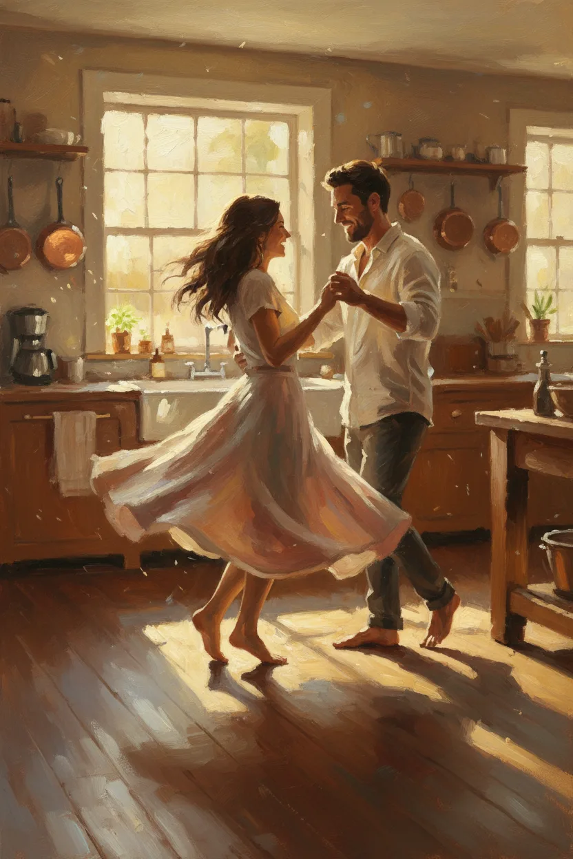 A couple dancing barefoot in a sunlit kitchen