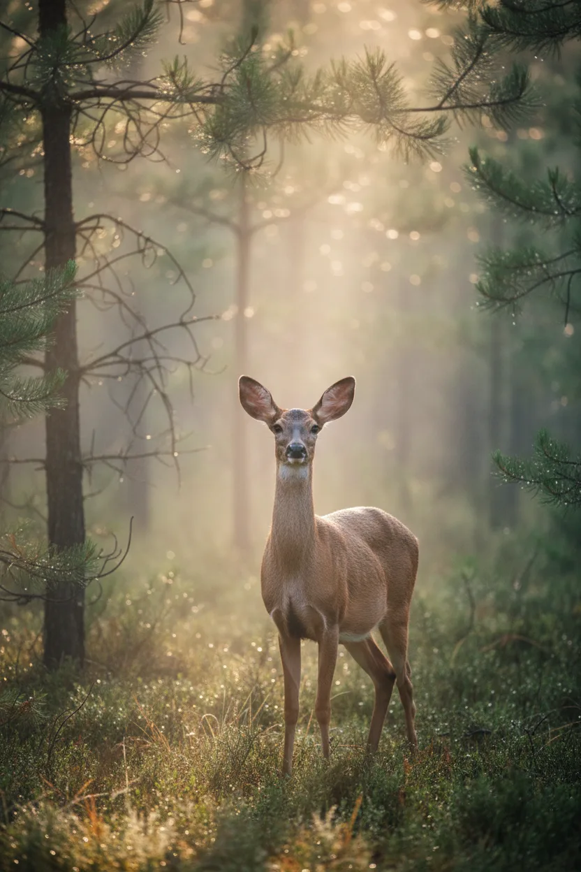 A real wildlife photograph of a deer in a misty pine forest at dawn