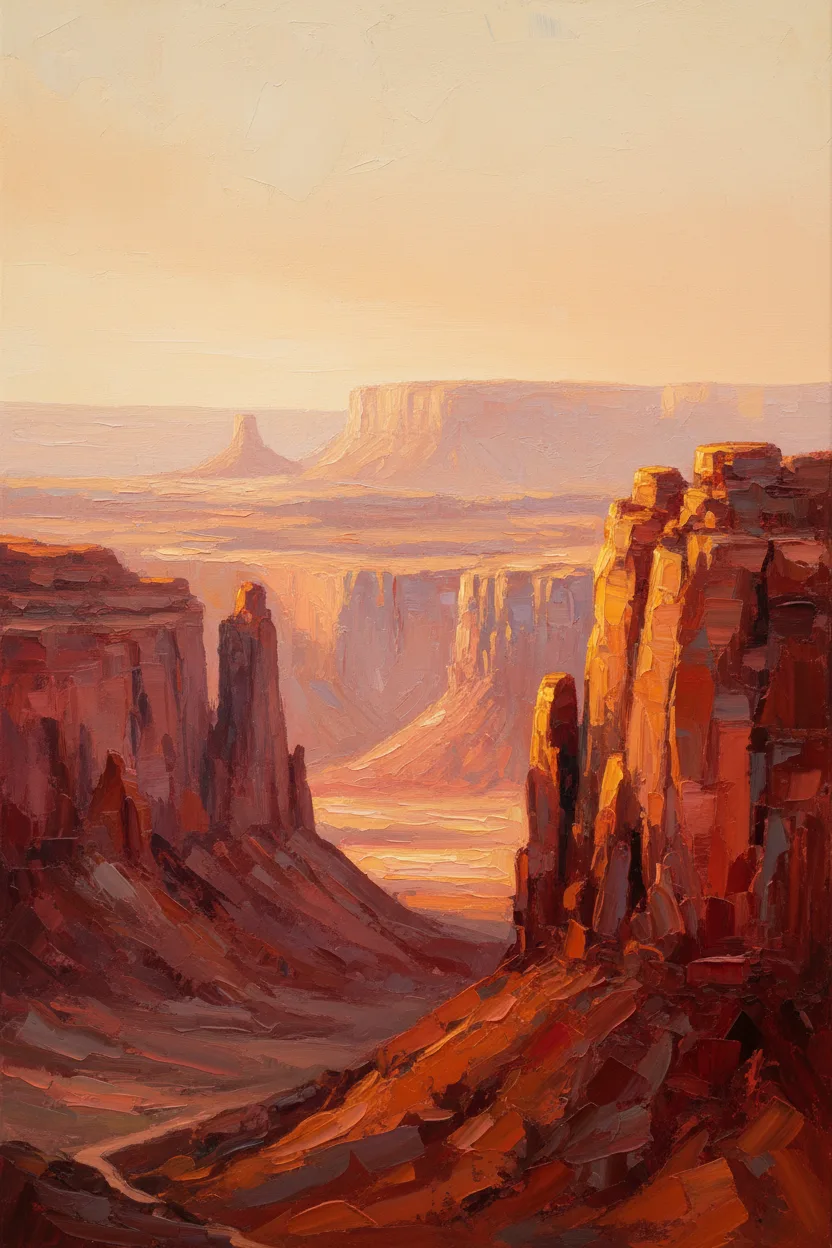 A vibrant desert canyon at sunset with deep red rock walls glowing