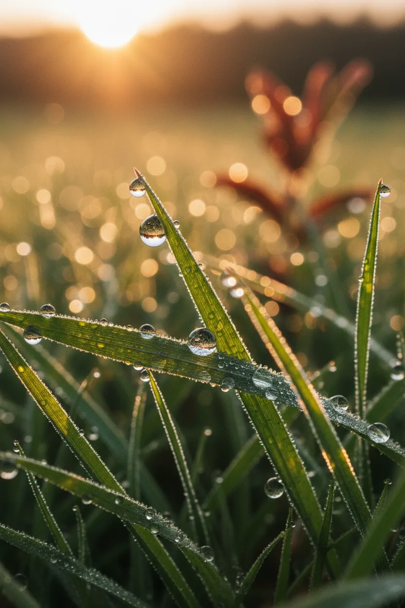 A real macro photograph of dewdrops on green grass at sunrise