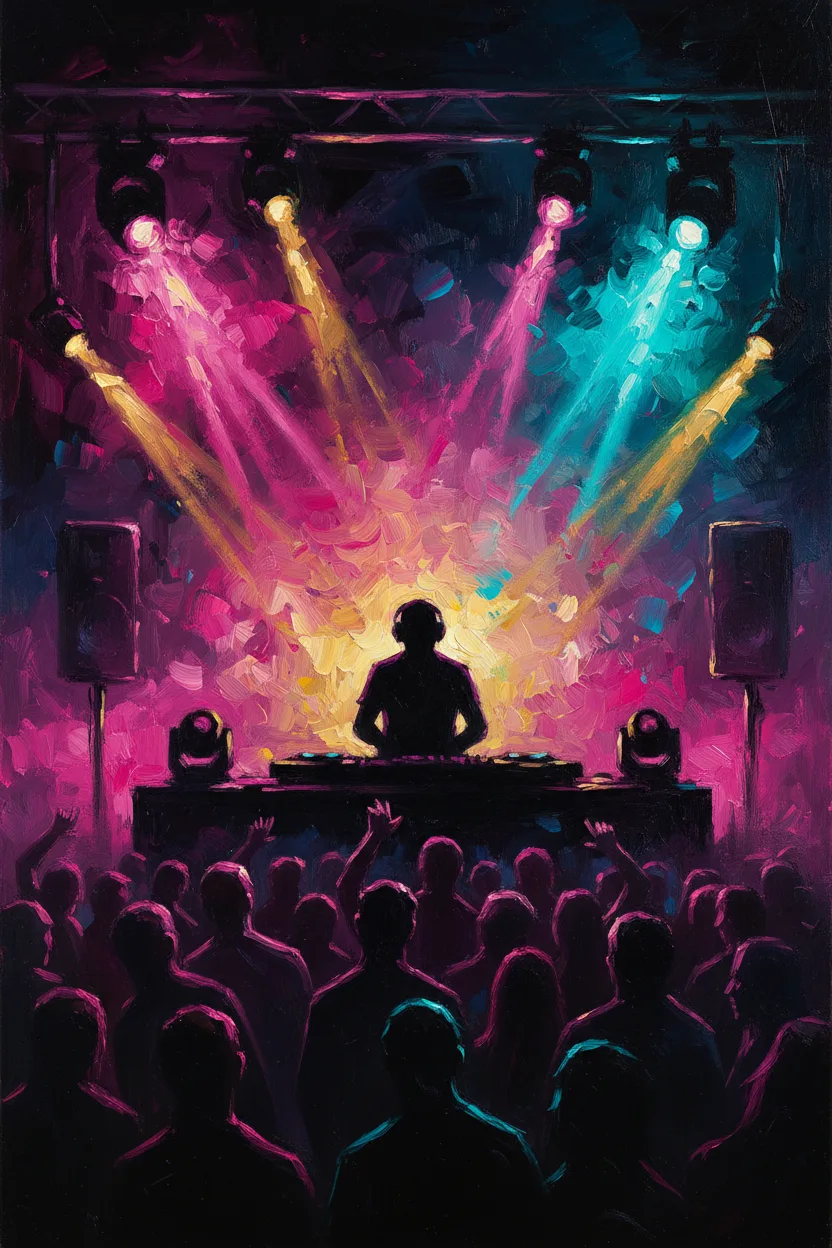 A DJ silhouetted behind a booth with vibrant club lights and crowd