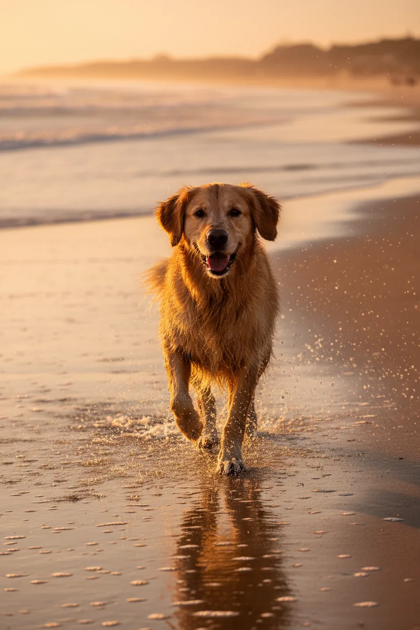A golden retriever running on a wet beach at golden hour
