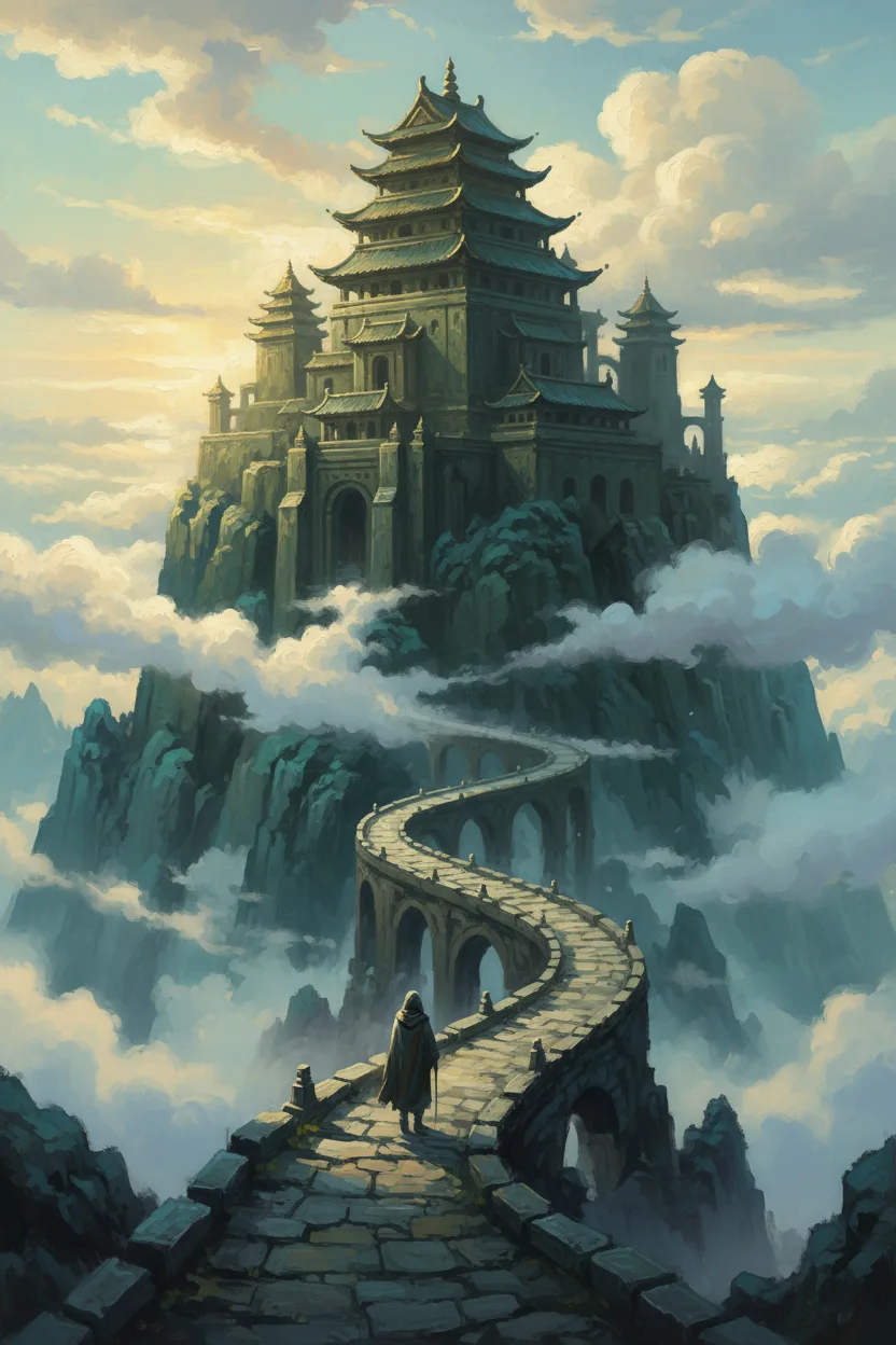 A misty mountain temple at dawn rising above clouds