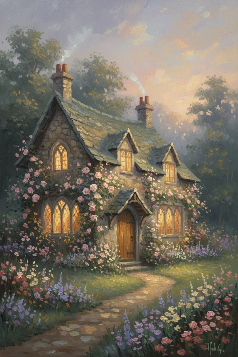 A dreamy cottage with climbing roses at twilight