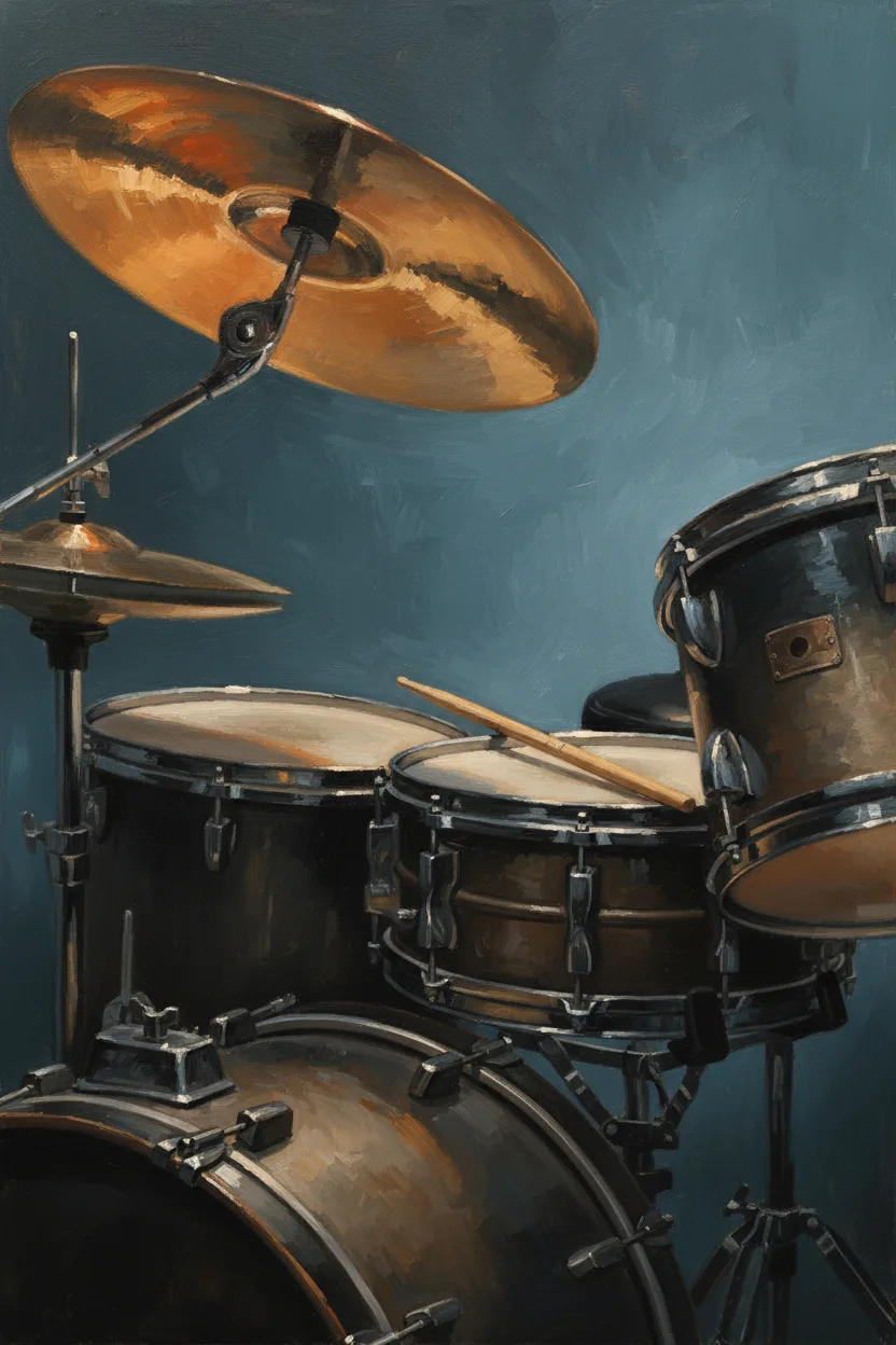 A drum kit with chrome cymbals catching warm amber stage light